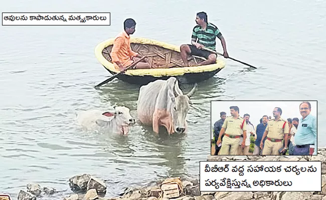 Rescue Team Trying To Find 100 Cows Wash Away In VBR Reservoir - Sakshi