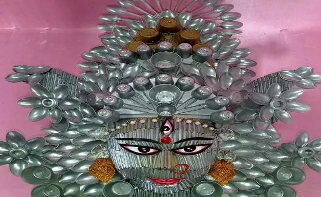 A Durga Idol Made By Entirely Of Single Use Plastic Spoons In Assam - Sakshi