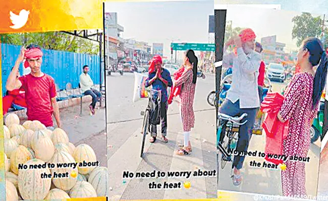 Social worker Khushi Pandey distributing cotton towels to rickshaw pullers and street workers - Sakshi