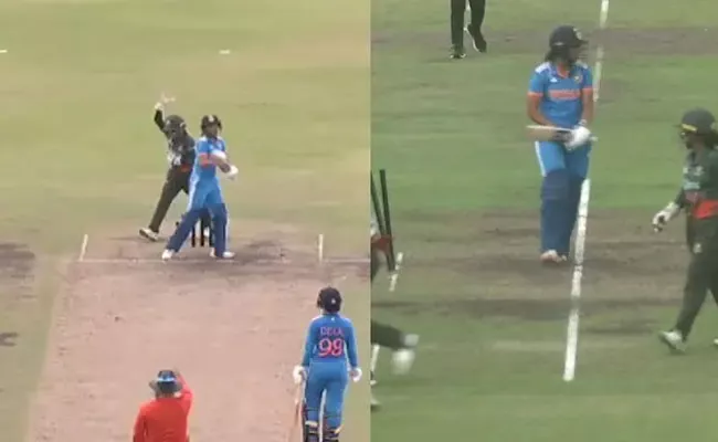 Harmanpreet Kaur destroys stumps after dubious LBW dismissal - Sakshi