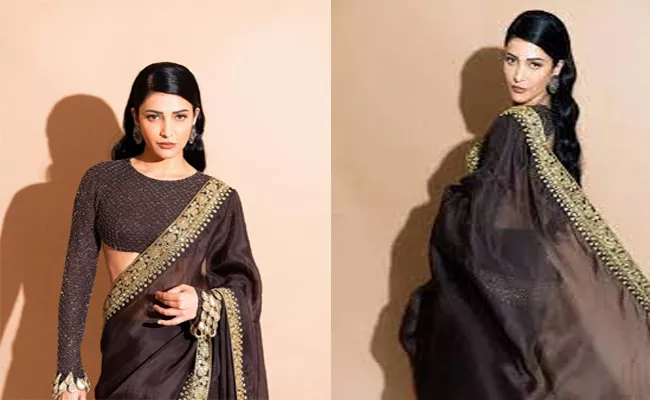 Shruti Haasan Elegantly Drapes A Brown Saree - Sakshi
